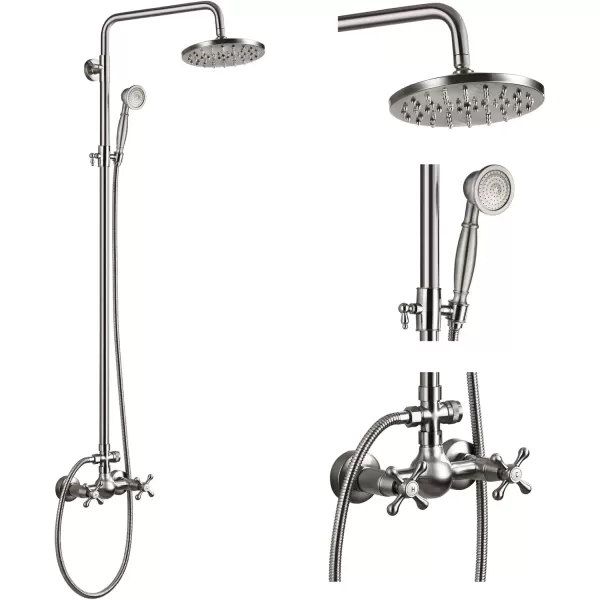 imagegotonovo Exposed Bathroom Shower Faucet Set Shower Fixture 8 Inch Rainfall Shower Head Handheld Shower Cross Handle Wall Mount 2 Functions Polished GoldBrushed Nickel