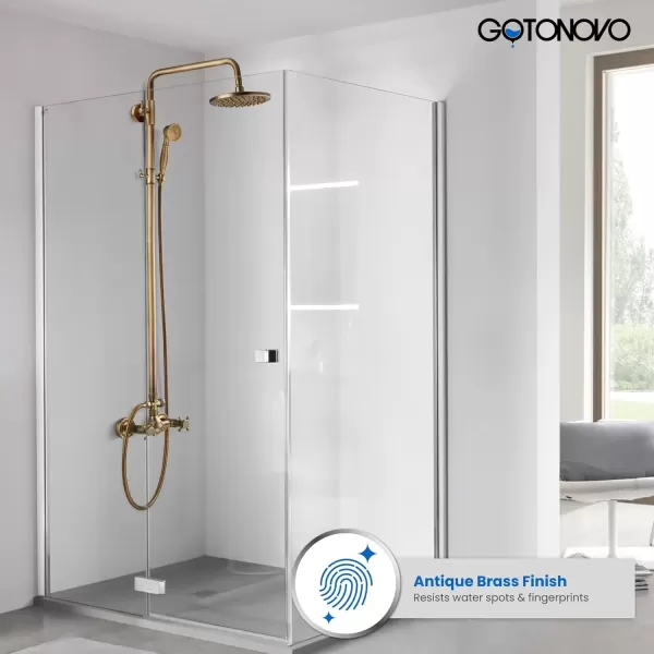 imagegotonovo Exposed Bathroom Shower Faucet Set Shower Fixture 8 Inch Rainfall Shower Head Handheld Shower Cross Handle Wall Mount 2 Functions Polished GoldAntique Brass