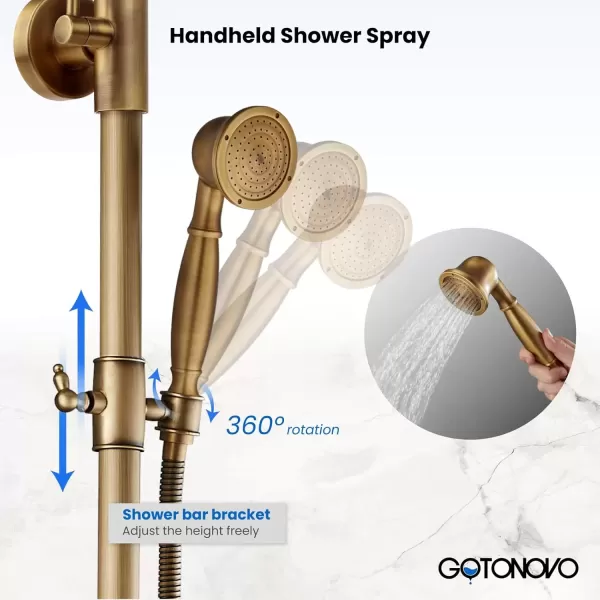 imagegotonovo Exposed Bathroom Shower Faucet Set Shower Fixture 8 Inch Rainfall Shower Head Handheld Shower Cross Handle Wall Mount 2 Functions Polished GoldAntique Brass
