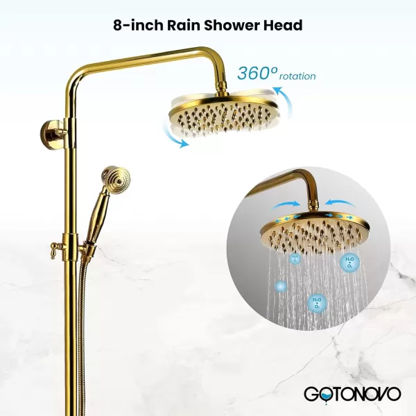 imagegotonovo Exposed Bathroom Shower Faucet Set Shower Fixture 8 Inch Rainfall Shower Head Handheld Shower Cross Handle Wall Mount 2 Functions Polished GoldPolished Gold
