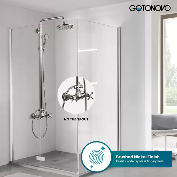 imagegotonovo Exposed Bathroom Shower Faucet Set Shower Fixture 8 Inch Rainfall Shower Head Handheld Shower Cross Handle Wall Mount 2 Functions Polished GoldBrushed Nickel