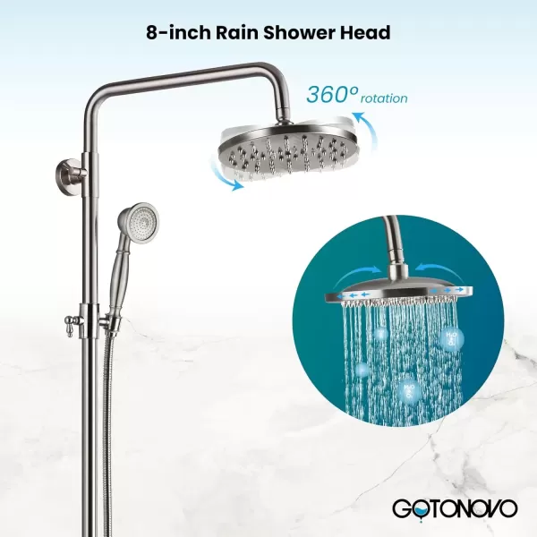 imagegotonovo Exposed Bathroom Shower Faucet Set Shower Fixture 8 Inch Rainfall Shower Head Handheld Shower Cross Handle Wall Mount 2 Functions Polished GoldBrushed Nickel