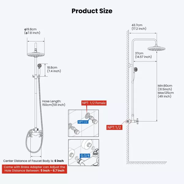 imagegotonovo Exposed Bathroom Shower Faucet Set Shower Fixture 8 Inch Rainfall Shower Head Handheld Shower Cross Handle Wall Mount 2 Functions Polished GoldOil Rubbed Bronze
