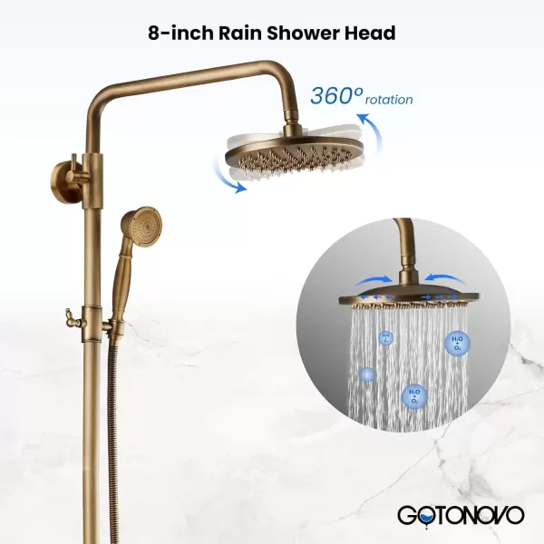 imagegotonovo Exposed Bathroom Shower Faucet Set Shower Fixture 8 Inch Rainfall Shower Head Handheld Shower Cross Handle Wall Mount 2 Functions Polished GoldAntique Brass