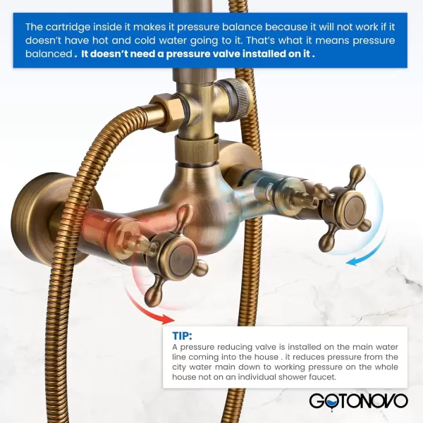 imagegotonovo Exposed Bathroom Shower Faucet Set Shower Fixture 8 Inch Rainfall Shower Head Handheld Shower Cross Handle Wall Mount 2 Functions Polished GoldAntique Brass