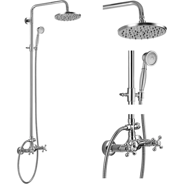 imagegotonovo Exposed Bathroom Shower Faucet Set Shower Fixture 8 Inch Rainfall Shower Head Handheld Shower Cross Handle Wall Mount 2 Functions Polished GoldPolished Chrome