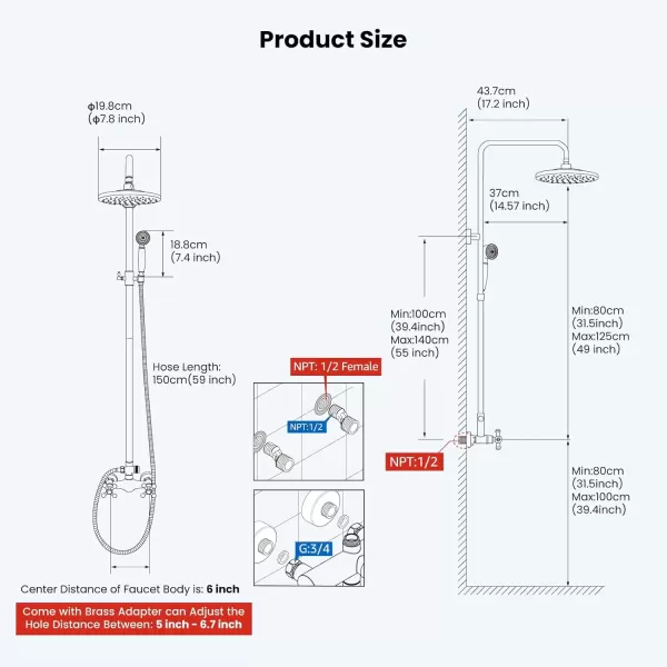 imagegotonovo Exposed Bathroom Shower Faucet Set Shower Fixture 8 Inch Rainfall Shower Head Handheld Shower Cross Handle Wall Mount 2 Functions Polished GoldAntique Brass
