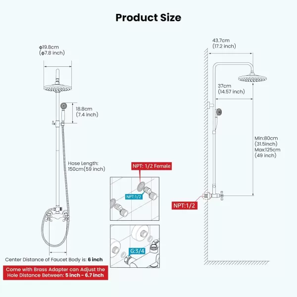 imagegotonovo Exposed Bathroom Shower Faucet Set Shower Fixture 8 Inch Rainfall Shower Head Handheld Shower Cross Handle Wall Mount 2 Functions Polished GoldPolished Chrome