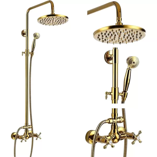 imagegotonovo Exposed Bathroom Shower Faucet Set Shower Fixture 8 Inch Rainfall Shower Head Handheld Shower Cross Handle Wall Mount 2 Functions Polished GoldPolished Gold