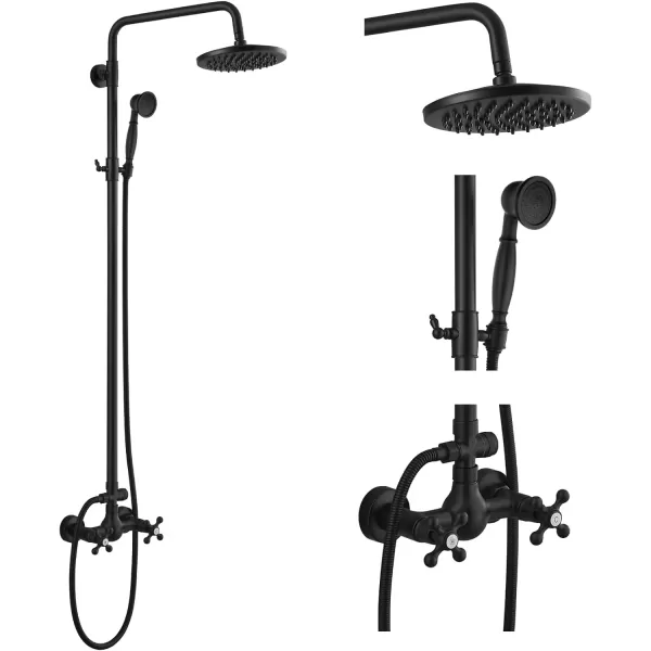 imagegotonovo Exposed Bathroom Shower Faucet Set Shower Fixture 8 Inch Rainfall Shower Head Handheld Shower Cross Handle Wall Mount 2 Functions Polished GoldMatte Black