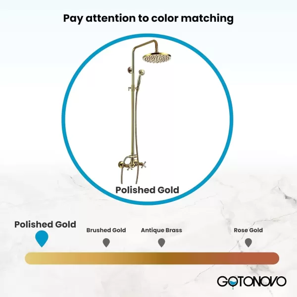 imagegotonovo Exposed Bathroom Shower Faucet Set Shower Fixture 8 Inch Rainfall Shower Head Handheld Shower Cross Handle Wall Mount 2 Functions Polished GoldPolished Gold