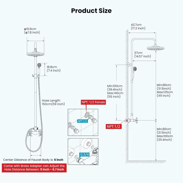 imagegotonovo Exposed Bathroom Shower Faucet Set Shower Fixture 8 Inch Rainfall Shower Head Handheld Shower Cross Handle Wall Mount 2 Functions Polished GoldPolished Gold