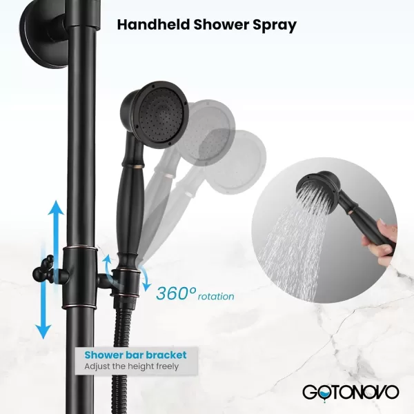 imagegotonovo Exposed Bathroom Shower Faucet Set Shower Fixture 8 Inch Rainfall Shower Head Handheld Shower Cross Handle Wall Mount 2 Functions Polished GoldOil Rubbed Bronze