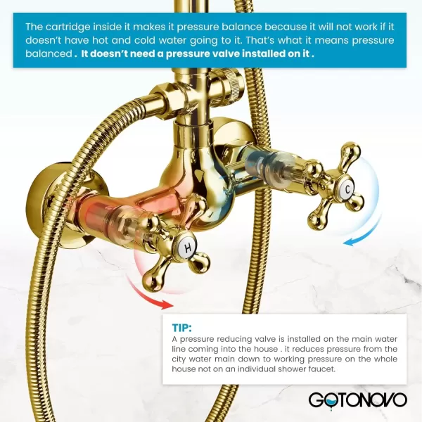 imagegotonovo Exposed Bathroom Shower Faucet Set Shower Fixture 8 Inch Rainfall Shower Head Handheld Shower Cross Handle Wall Mount 2 Functions Polished GoldPolished Gold