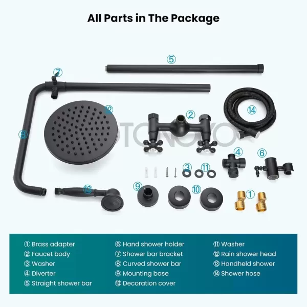 imagegotonovo Exposed Bathroom Shower Faucet Set Shower Fixture 8 Inch Rainfall Shower Head Handheld Shower Cross Handle Wall Mount 2 Functions Polished GoldMatte Black