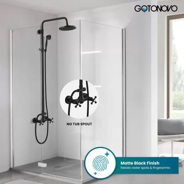 imagegotonovo Exposed Bathroom Shower Faucet Set Shower Fixture 8 Inch Rainfall Shower Head Handheld Shower Cross Handle Wall Mount 2 Functions Polished GoldMatte Black