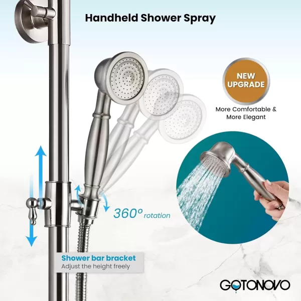 imagegotonovo Exposed Bathroom Shower Faucet Set Shower Fixture 8 Inch Rainfall Shower Head Handheld Shower Cross Handle Wall Mount 2 Functions Polished GoldBrushed Nickel