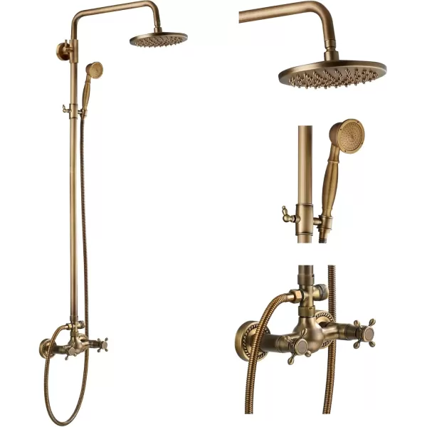 imagegotonovo Exposed Bathroom Shower Faucet Set Shower Fixture 8 Inch Rainfall Shower Head Handheld Shower Cross Handle Wall Mount 2 Functions Polished GoldAntique Brass