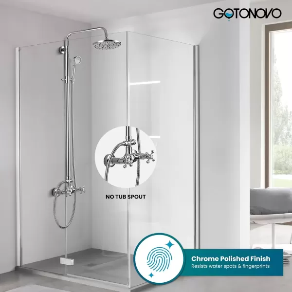 imagegotonovo Exposed Bathroom Shower Faucet Set Shower Fixture 8 Inch Rainfall Shower Head Handheld Shower Cross Handle Wall Mount 2 Functions Polished GoldPolished Chrome