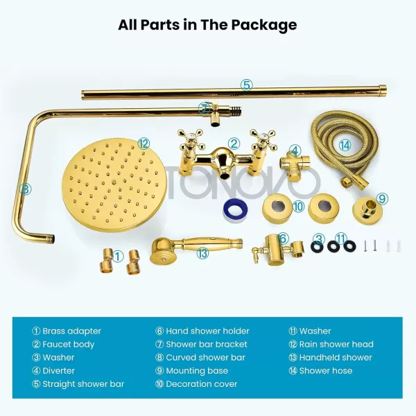 imagegotonovo Exposed Bathroom Shower Faucet Set Shower Fixture 8 Inch Rainfall Shower Head Handheld Shower Cross Handle Wall Mount 2 Functions Polished GoldPolished Gold