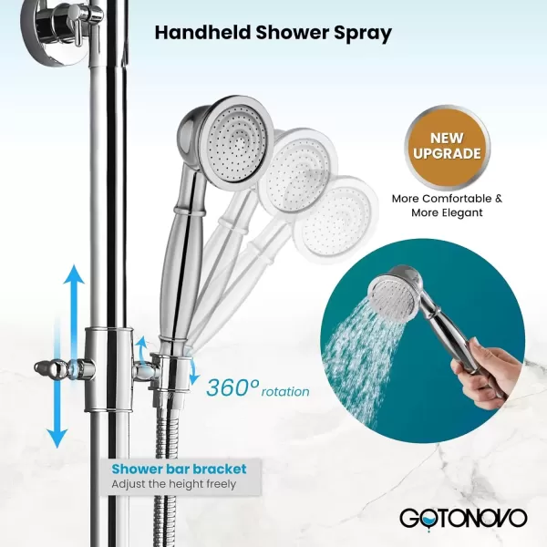 imagegotonovo Exposed Bathroom Shower Faucet Set Shower Fixture 8 Inch Rainfall Shower Head Handheld Shower Cross Handle Wall Mount 2 Functions Polished GoldPolished Chrome