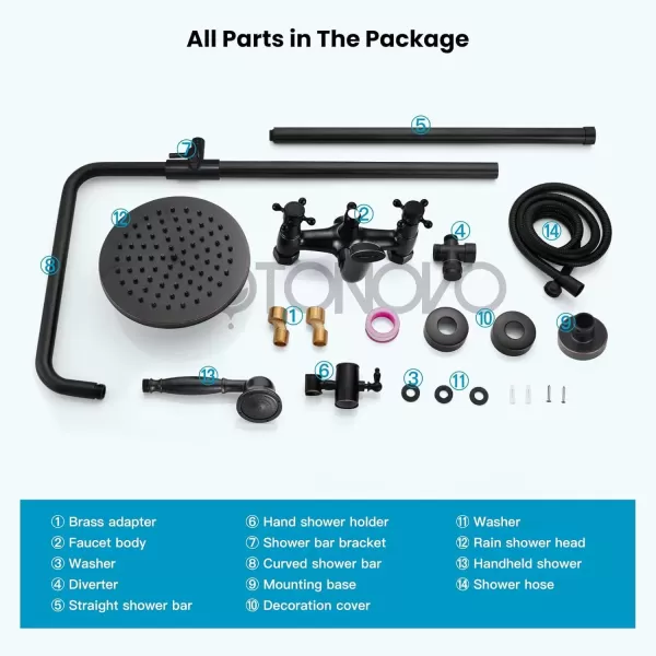 imagegotonovo Exposed Bathroom Shower Faucet Wall Mounted Outdoor Shower System 8 Inch Shower Head and Tub Spout Double Cross Handles Adjustable Handheld Sprayer without Shower Shelf Matte BlackOil Rubbed Bronze