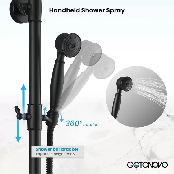 imagegotonovo Exposed Bathroom Shower Faucet Wall Mounted Outdoor Shower System 8 Inch Shower Head and Tub Spout Double Cross Handles Adjustable Handheld Sprayer without Shower Shelf Matte BlackMatte Black