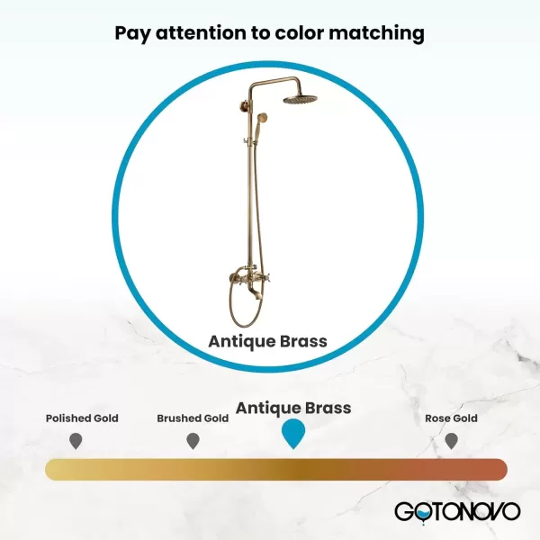 imagegotonovo Exposed Bathroom Shower Faucet Wall Mounted Outdoor Shower System 8 Inch Shower Head and Tub Spout Double Cross Handles Adjustable Handheld Sprayer without Shower Shelf Matte BlackAntique Brass