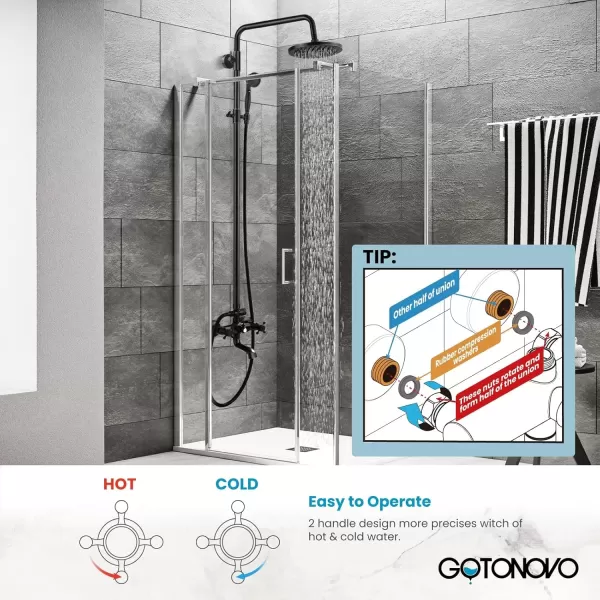 imagegotonovo Exposed Bathroom Shower Faucet Wall Mounted Outdoor Shower System 8 Inch Shower Head and Tub Spout Double Cross Handles Adjustable Handheld Sprayer without Shower Shelf Matte BlackOil Rubbed Bronze