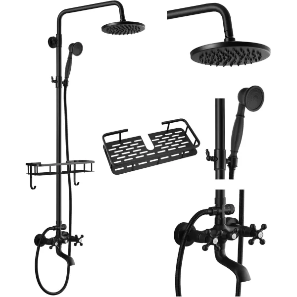imagegotonovo Exposed Bathroom Shower Faucet Wall Mounted Outdoor Shower System 8 Inch Shower Head and Tub Spout Double Cross Handles Adjustable Handheld Sprayer without Shower Shelf Matte BlackMatte Black