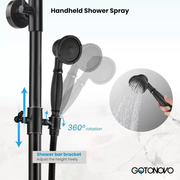 imagegotonovo Exposed Bathroom Shower Faucet Wall Mounted Outdoor Shower System 8 Inch Shower Head and Tub Spout Double Cross Handles Adjustable Handheld Sprayer without Shower Shelf Matte BlackOil Rubbed Bronze
