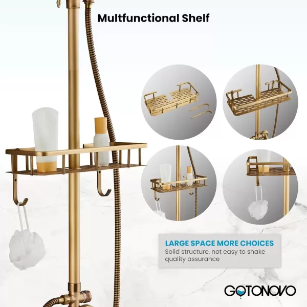 imagegotonovo Exposed Bathroom Shower Faucet Wall Mounted Outdoor Shower System 8 Inch Shower Head and Tub Spout Double Cross Handles Adjustable Handheld Sprayer without Shower Shelf Matte BlackAntique Brass