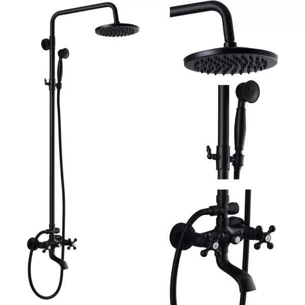 imagegotonovo Exposed Bathroom Shower Faucet Wall Mounted Outdoor Shower System 8 Inch Shower Head and Tub Spout Double Cross Handles Adjustable Handheld Sprayer without Shower Shelf Matte BlackMatte Black