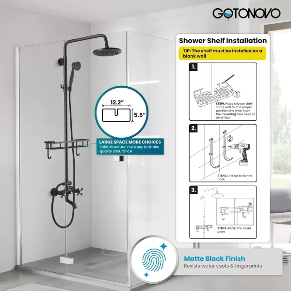 imagegotonovo Exposed Bathroom Shower Faucet Wall Mounted Outdoor Shower System 8 Inch Shower Head and Tub Spout Double Cross Handles Adjustable Handheld Sprayer without Shower Shelf Matte BlackMatte Black
