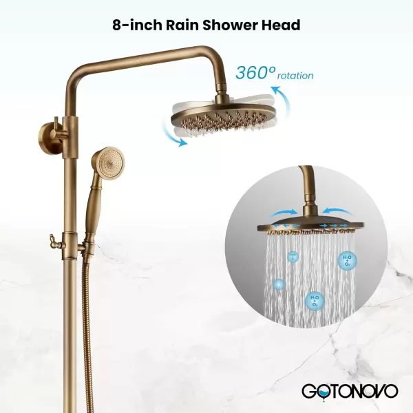 imagegotonovo Exposed Bathroom Shower Faucet Wall Mounted Outdoor Shower System 8 Inch Shower Head and Tub Spout Double Cross Handles Adjustable Handheld Sprayer without Shower Shelf Matte BlackAntique Brass