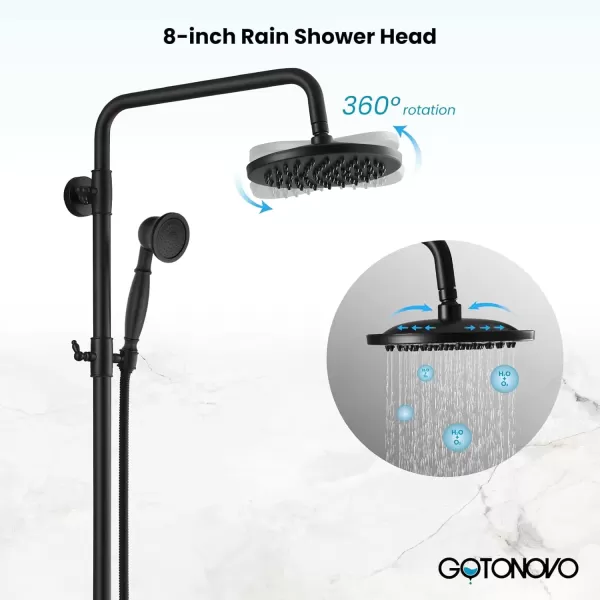 imagegotonovo Exposed Bathroom Shower Faucet Wall Mounted Outdoor Shower System 8 Inch Shower Head and Tub Spout Double Cross Handles Adjustable Handheld Sprayer without Shower Shelf Matte BlackMatte Black