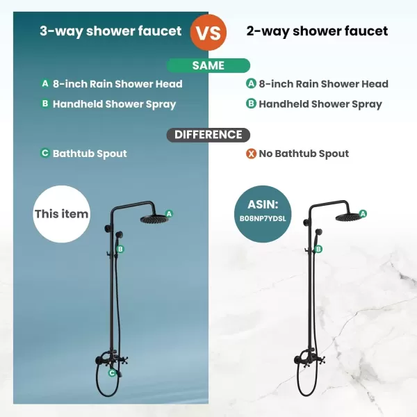 imagegotonovo Exposed Bathroom Shower Faucet Wall Mounted Outdoor Shower System 8 Inch Shower Head and Tub Spout Double Cross Handles Adjustable Handheld Sprayer without Shower Shelf Matte BlackMatte Black