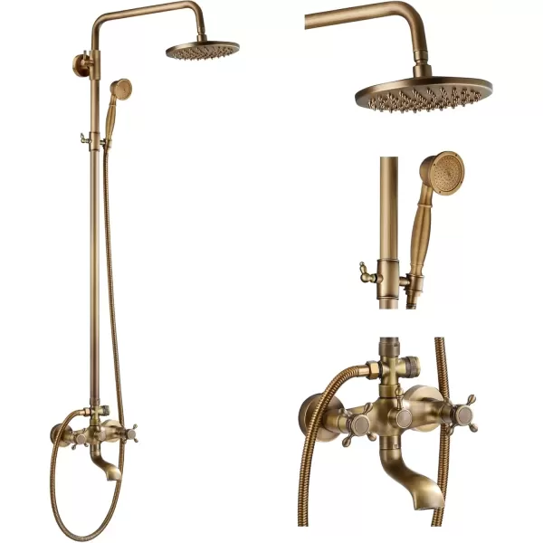 imagegotonovo Exposed Bathroom Shower Faucet Wall Mounted Outdoor Shower System 8 Inch Shower Head and Tub Spout Double Cross Handles Adjustable Handheld Sprayer without Shower Shelf Matte BlackAntique Brass