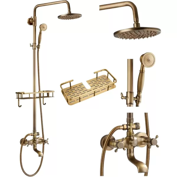 imagegotonovo Exposed Bathroom Shower Faucet Wall Mounted Outdoor Shower System 8 Inch Shower Head and Tub Spout Double Cross Handles Adjustable Handheld Sprayer without Shower Shelf Matte BlackAntique Brass