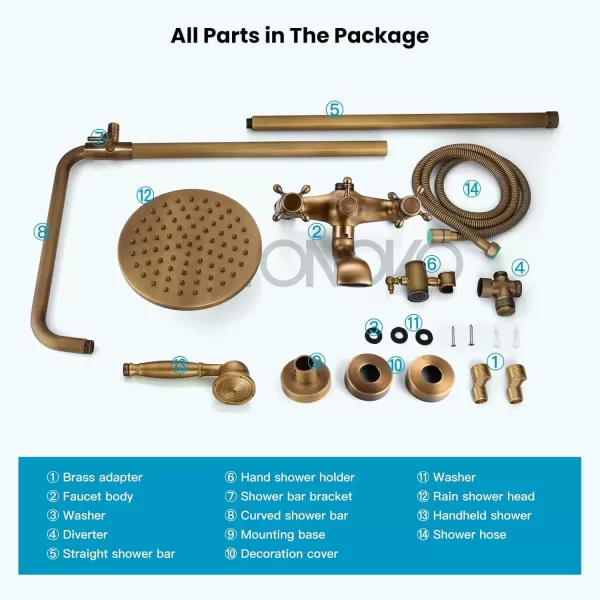 imagegotonovo Exposed Bathroom Shower Faucet Wall Mounted Outdoor Shower System 8 Inch Shower Head and Tub Spout Double Cross Handles Adjustable Handheld Sprayer without Shower Shelf Matte BlackAntique Brass