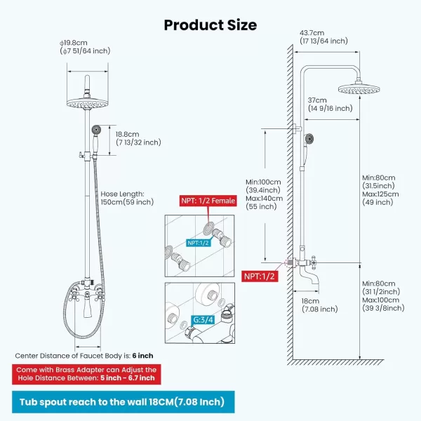 imagegotonovo Exposed Bathroom Shower Faucet Wall Mounted Outdoor Shower System 8 Inch Shower Head and Tub Spout Double Cross Handles Adjustable Handheld Sprayer without Shower Shelf Matte BlackAntique Brass