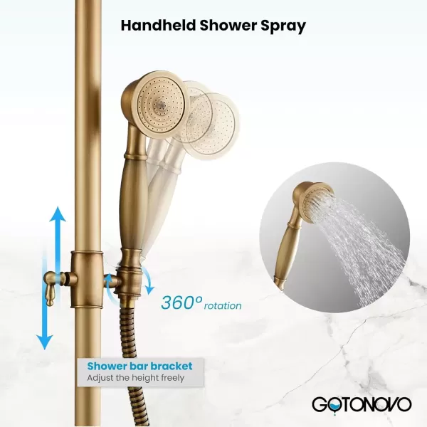 imagegotonovo Exposed Bathroom Shower Faucet Wall Mounted Outdoor Shower System 8 Inch Shower Head and Tub Spout Double Cross Handles Adjustable Handheld Sprayer without Shower Shelf Matte BlackAntique Brass