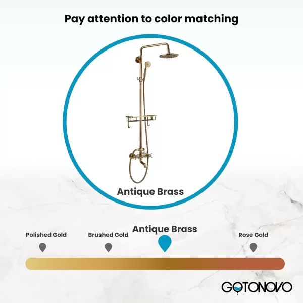 imagegotonovo Exposed Bathroom Shower Faucet Wall Mounted Outdoor Shower System 8 Inch Shower Head and Tub Spout Double Cross Handles Adjustable Handheld Sprayer without Shower Shelf Matte BlackAntique Brass