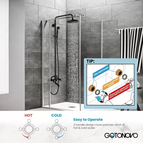 imagegotonovo Exposed Bathroom Shower Faucet Wall Mounted Outdoor Shower System 8 Inch Shower Head and Tub Spout Double Cross Handles Adjustable Handheld Sprayer without Shower Shelf Matte BlackMatte Black