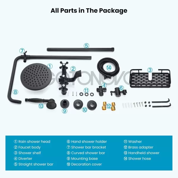 imagegotonovo Exposed Bathroom Shower Faucet Wall Mounted Outdoor Shower System 8 Inch Shower Head and Tub Spout Double Cross Handles Adjustable Handheld Sprayer without Shower Shelf Matte BlackMatte Black