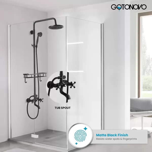 imagegotonovo Exposed Bathroom Shower Faucet Wall Mounted Outdoor Shower System 8 Inch Shower Head and Tub Spout Double Cross Handles Adjustable Handheld Sprayer without Shower Shelf Matte BlackMatte Black