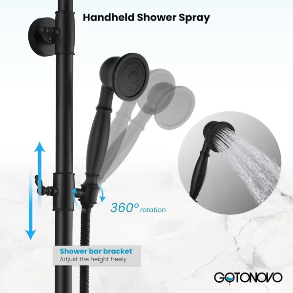 imagegotonovo Exposed Bathroom Shower Faucet Wall Mounted Outdoor Shower System 8 Inch Shower Head and Tub Spout Double Cross Handles Adjustable Handheld Sprayer without Shower Shelf Matte BlackMatte Black