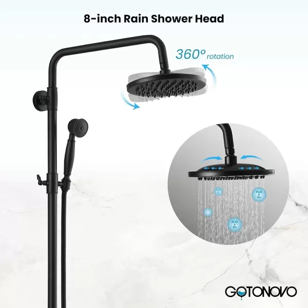 imagegotonovo Exposed Bathroom Shower Faucet Wall Mounted Outdoor Shower System 8 Inch Shower Head and Tub Spout Double Cross Handles Adjustable Handheld Sprayer without Shower Shelf Matte BlackMatte Black