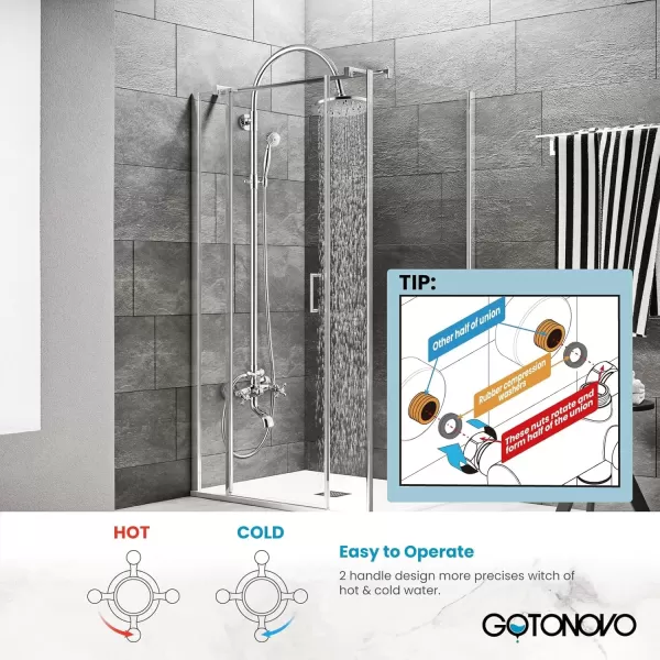 imagegotonovo Exposed Bathroom Shower Faucet Wall Mounted Shower System 8 Inch Shower Head and Tub Spout Double Cross Handles Adjustable Handheld Sprayer Polished ChromePolished Chrome