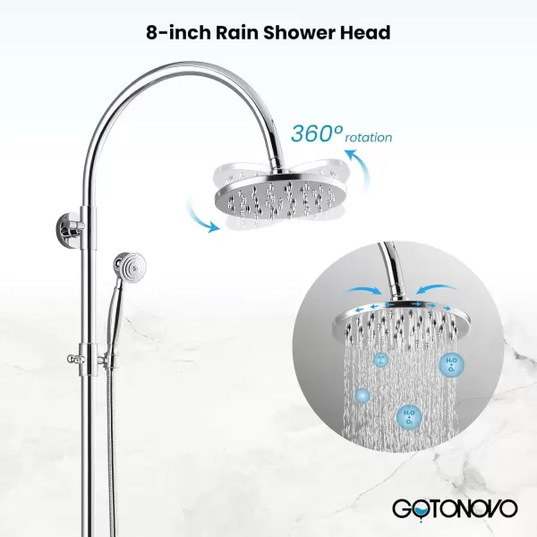 imagegotonovo Exposed Bathroom Shower Faucet Wall Mounted Shower System 8 Inch Shower Head and Tub Spout Double Cross Handles Adjustable Handheld Sprayer Polished ChromePolished Chrome